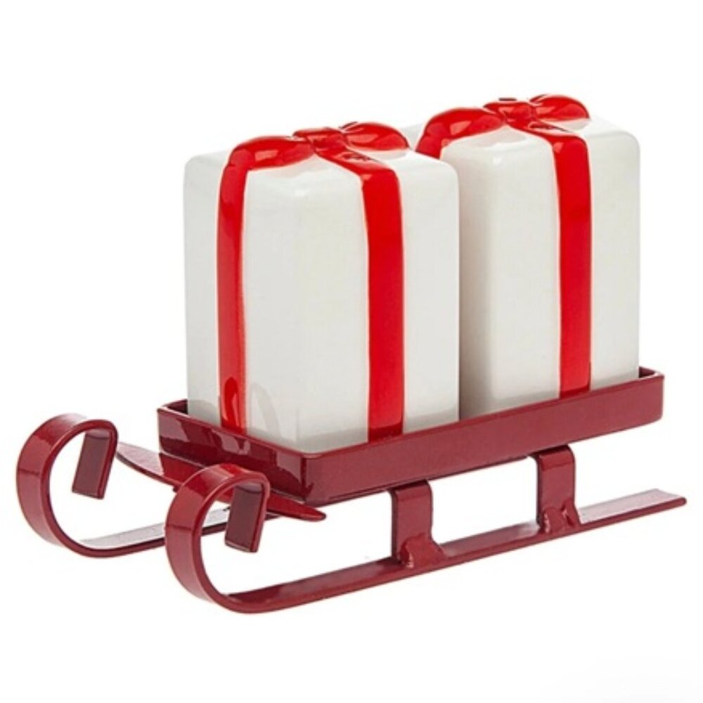 NEW in Box GODINGER GATHERINGS Sleigh Salt and Pepper Shaker Set Red White